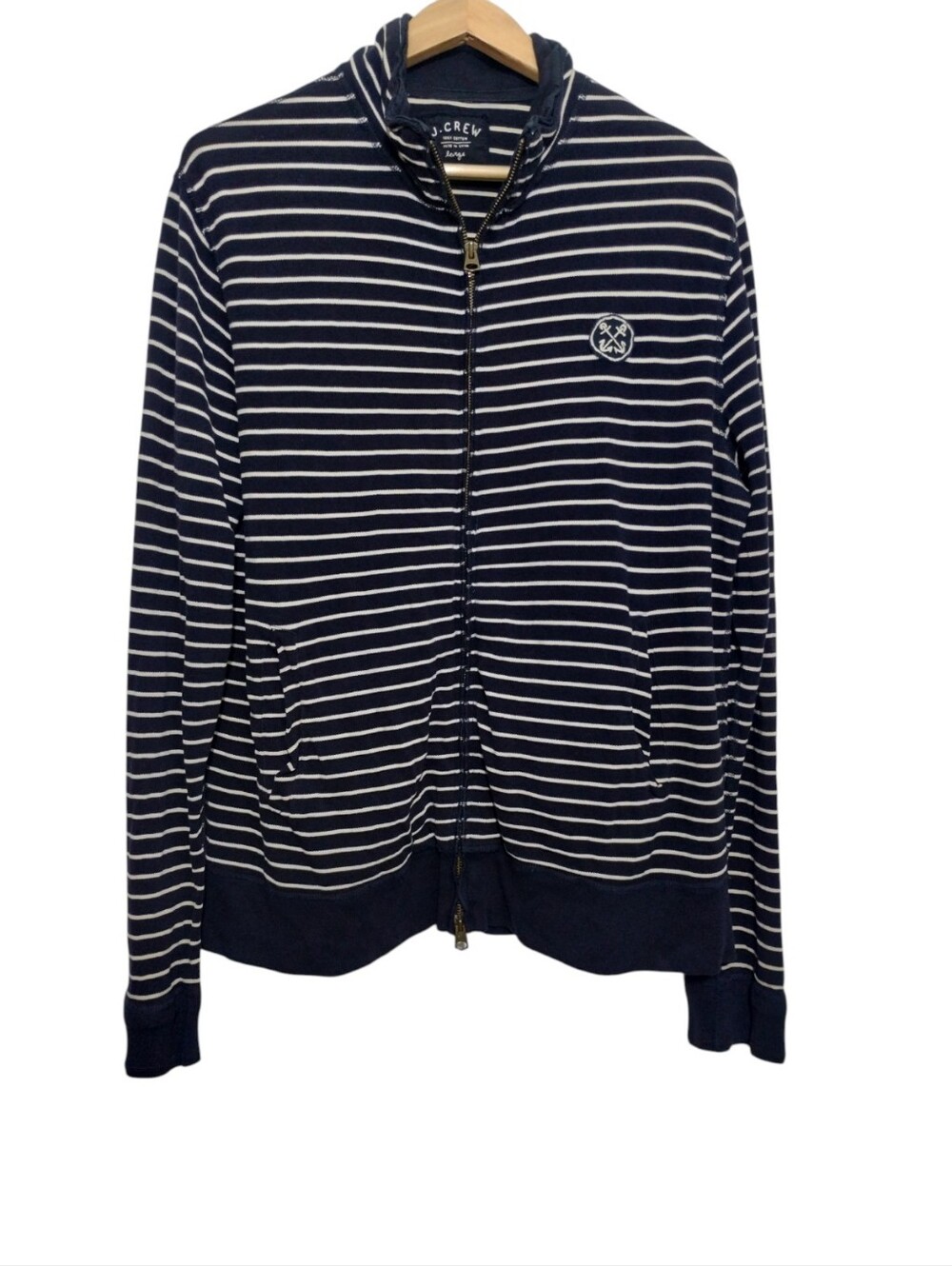 J.Crew Mens L Cotton Navy & White Striped Full-zip Jacket Nautical Preppy Pocket